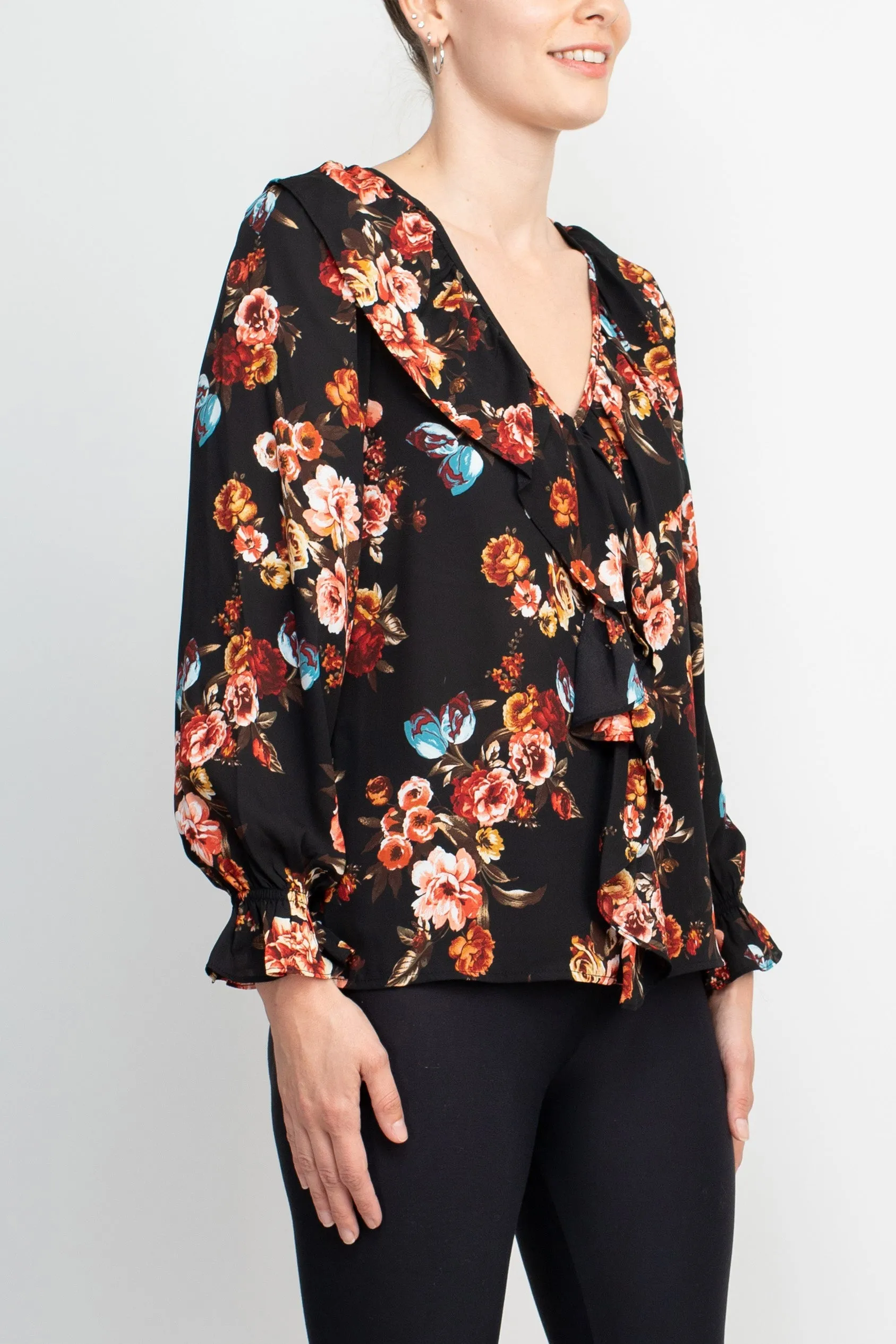 Counterparts Ruffled V-Neck Long Elastic Cuff Long Sleeve Multi Print Crepe Top