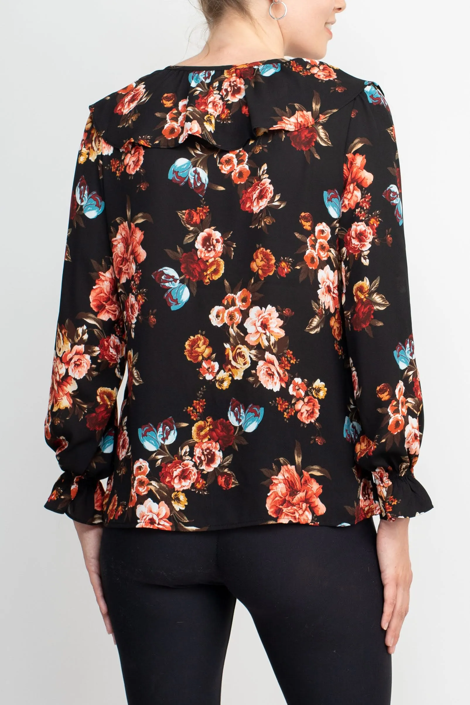 Counterparts Ruffled V-Neck Long Elastic Cuff Long Sleeve Multi Print Crepe Top