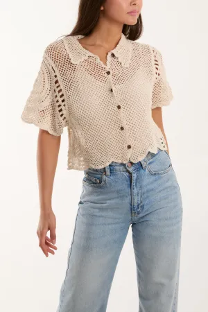 Crochet Short Sleeve Button Up Shirt