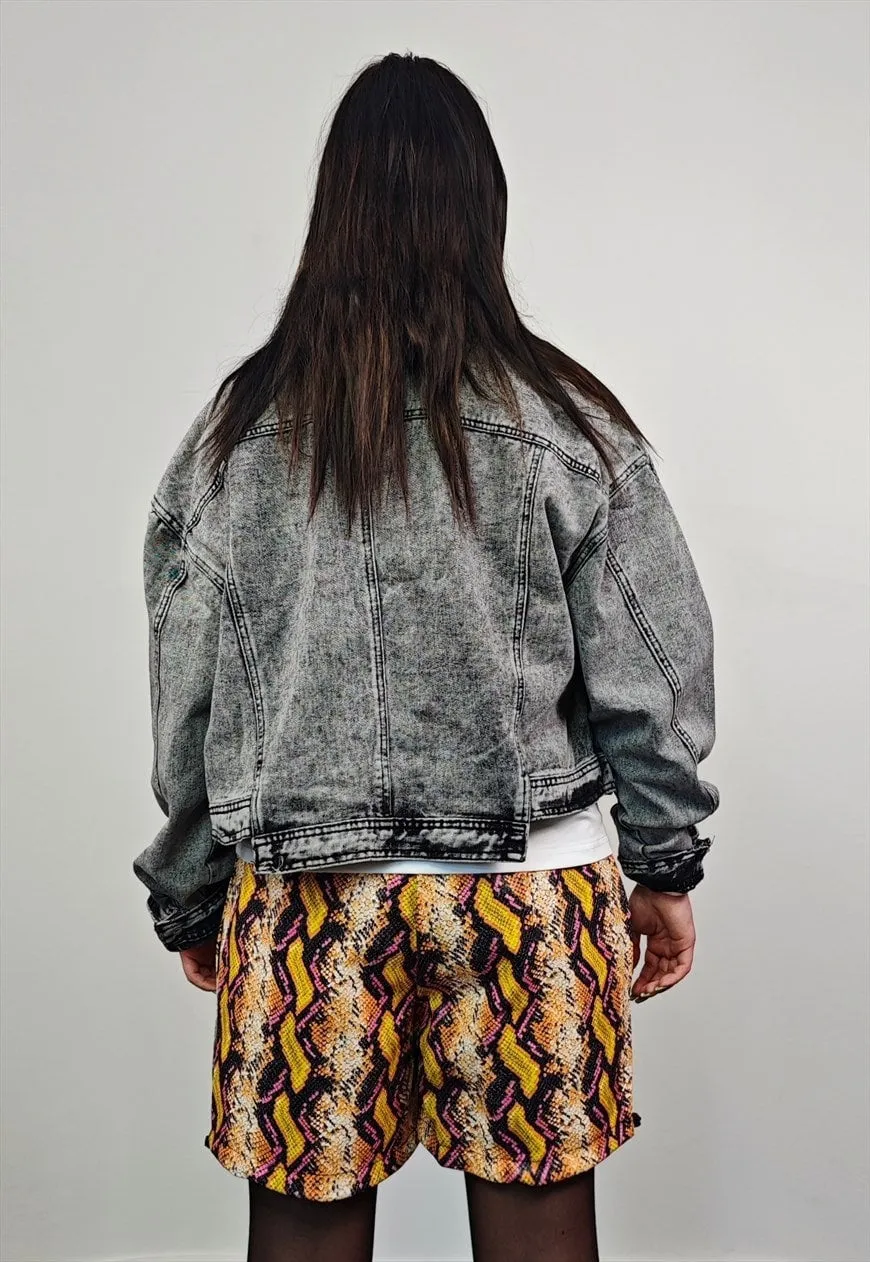 Cropped denim jacket acid grey short jean raver bomber