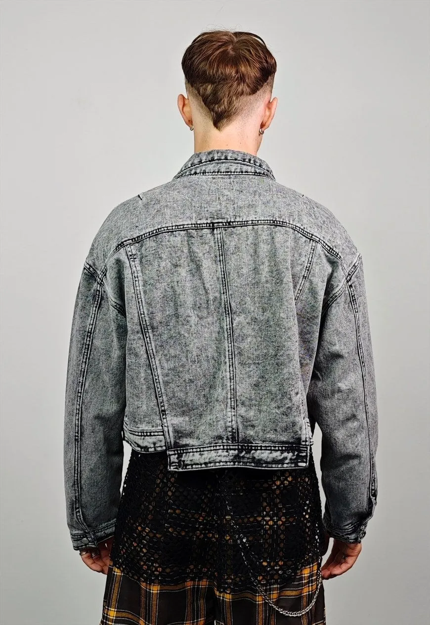 Cropped denim jacket acid grey short jean raver bomber