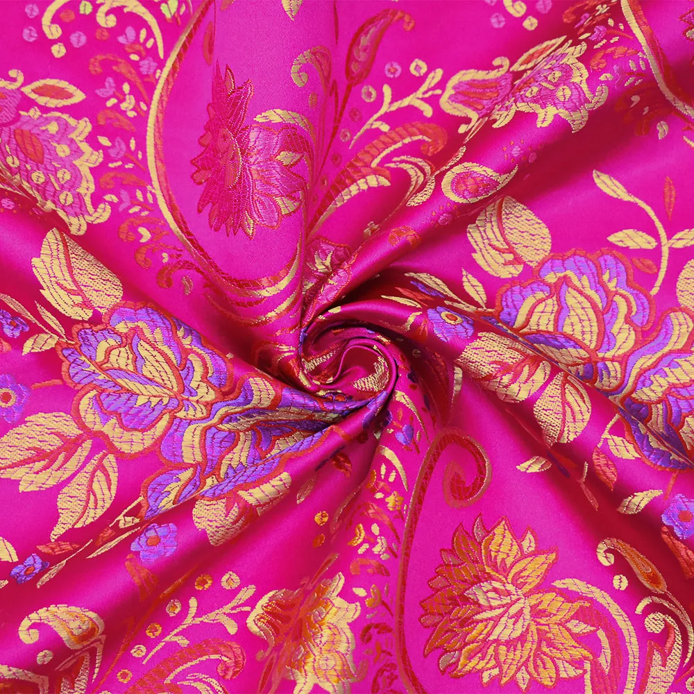 Deep Fuchsia-Yellow-Multi Polyester Floral Chinese Brocade Woven Fabric