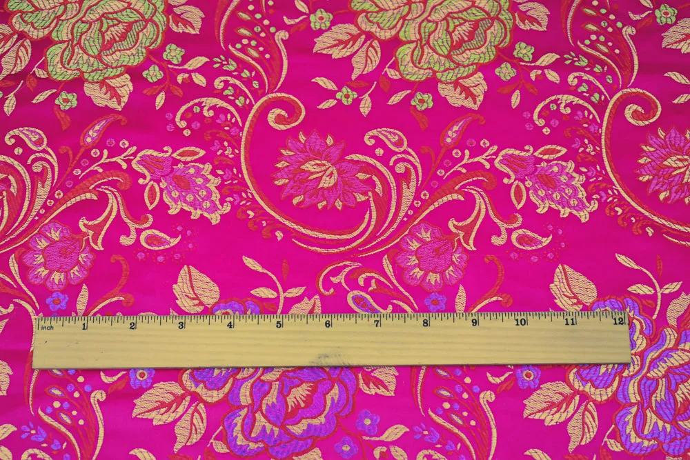 Deep Fuchsia-Yellow-Multi Polyester Floral Chinese Brocade Woven Fabric