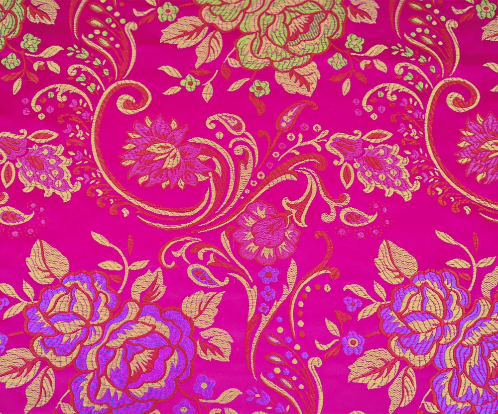 Deep Fuchsia-Yellow-Multi Polyester Floral Chinese Brocade Woven Fabric