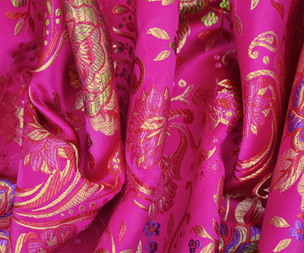 Deep Fuchsia-Yellow-Multi Polyester Floral Chinese Brocade Woven Fabric