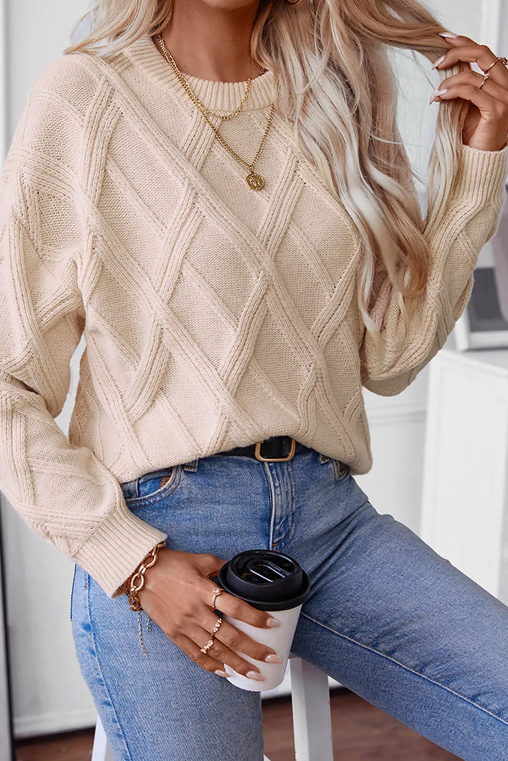 Diamond Textured Crew Neck Sweater