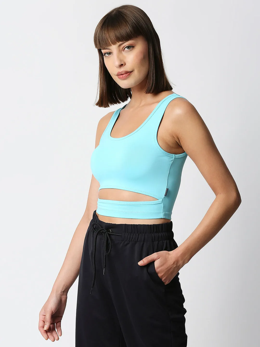 Disrupt Women Sleeveless Pop Blue Scoop Neck Slim Crop Top