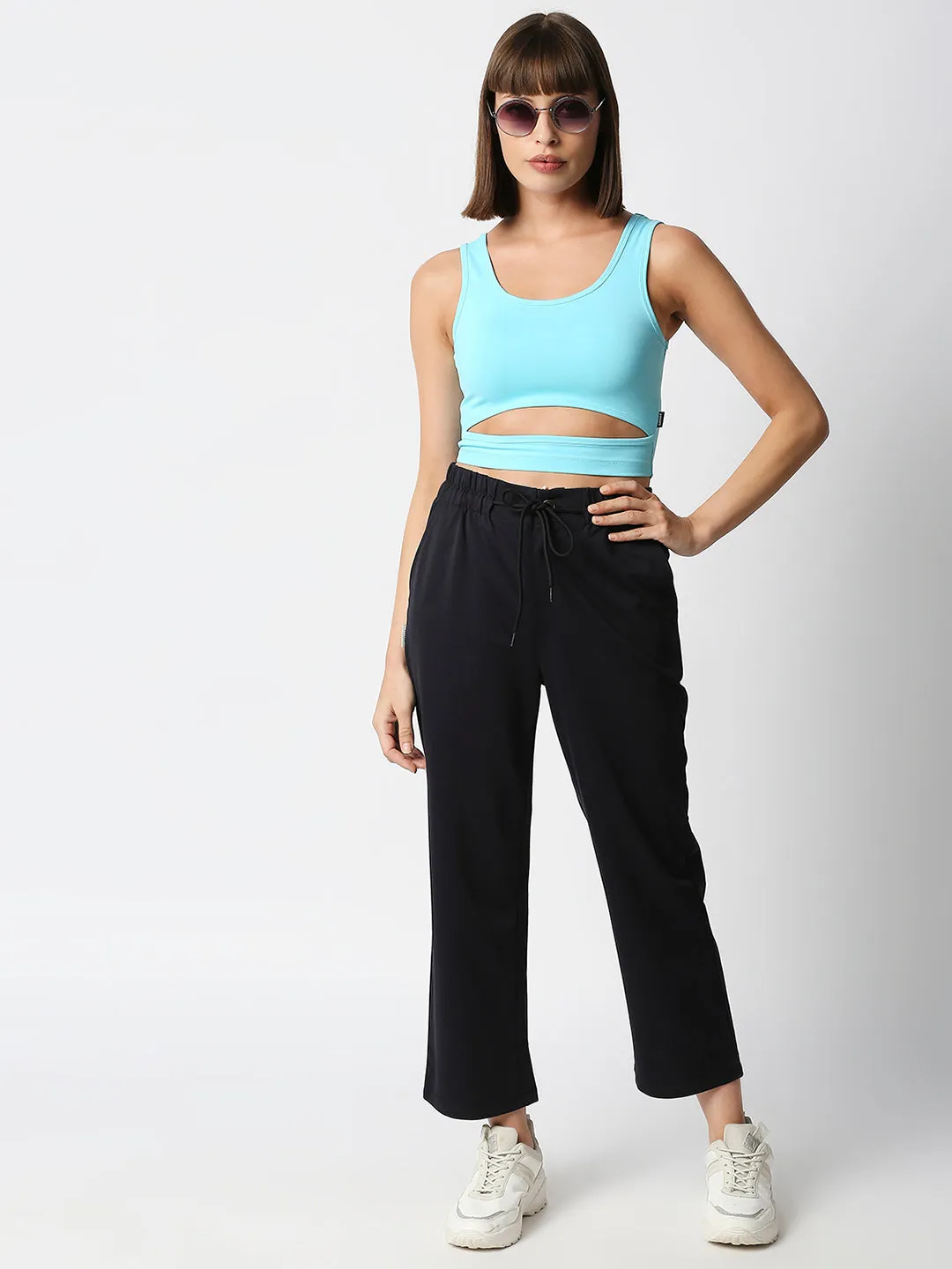 Disrupt Women Sleeveless Pop Blue Scoop Neck Slim Crop Top