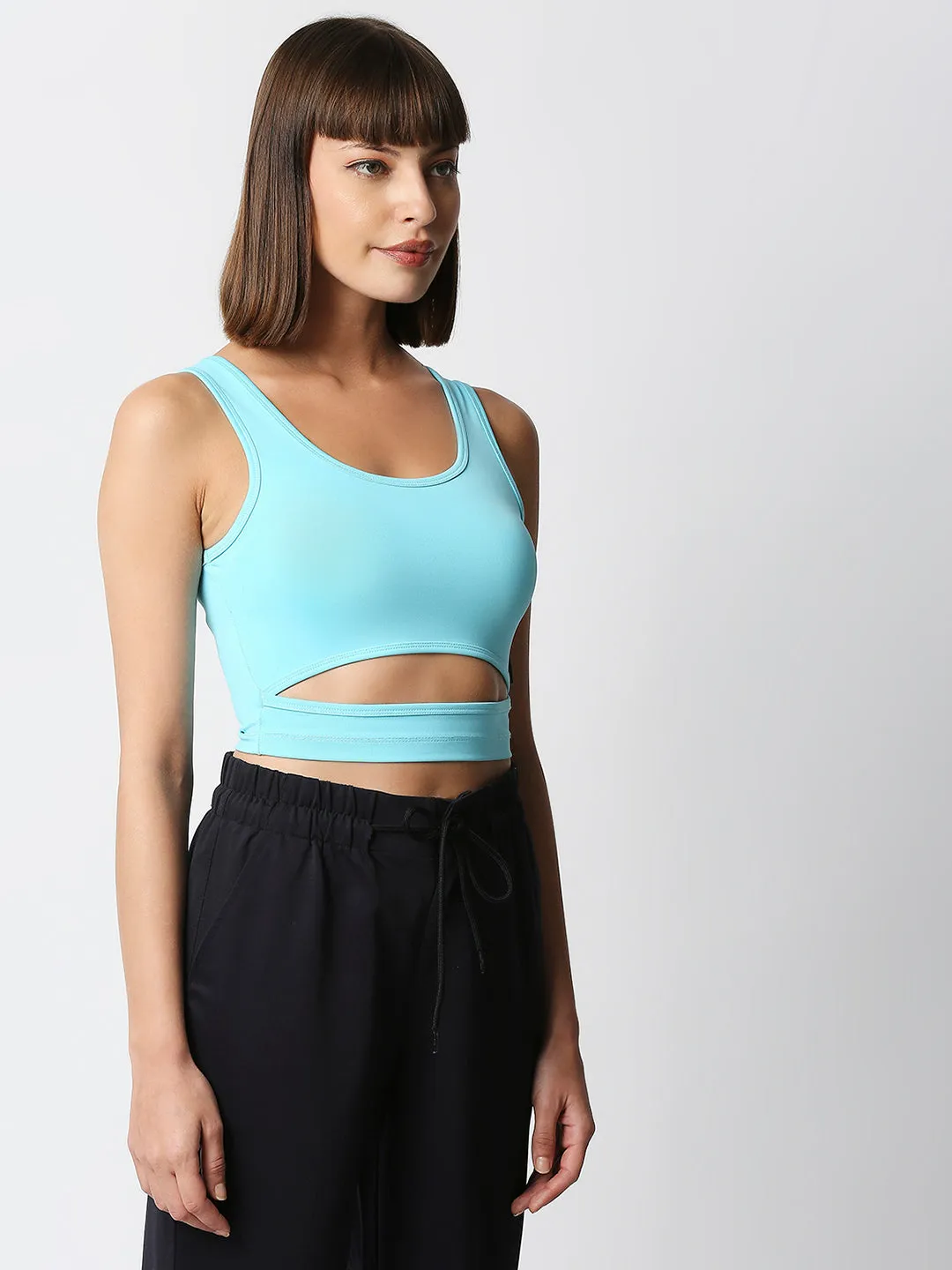 Disrupt Women Sleeveless Pop Blue Scoop Neck Slim Crop Top