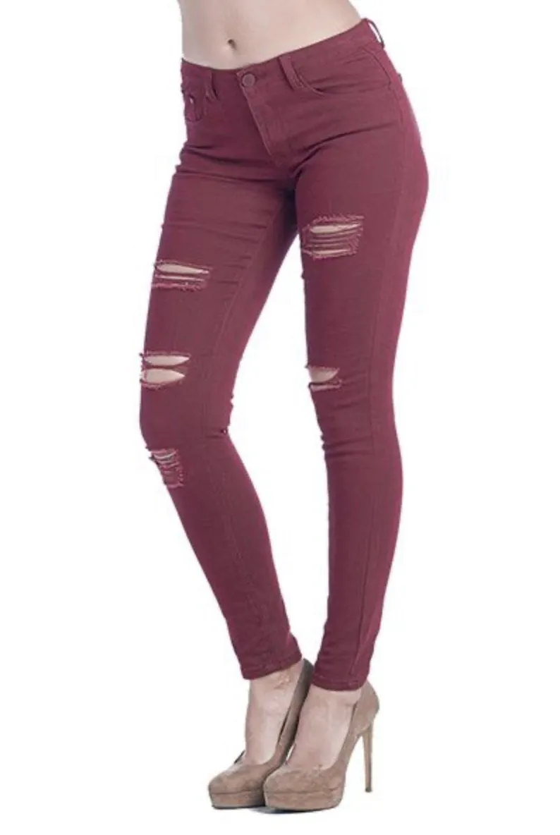 Distressed Skinny Jeans Wine Women