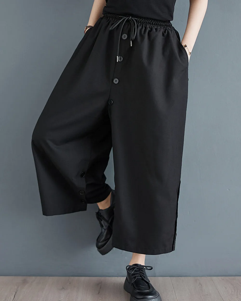 ellazhu Women's Drop Crotch Elastic Waist Button Down Wide Leg Harem Pants GZ180 Black