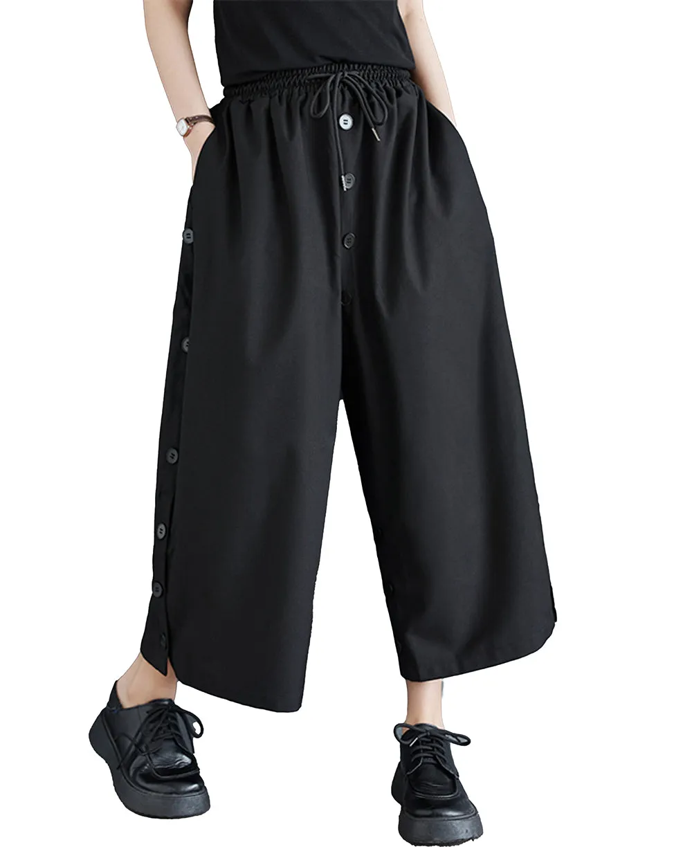 ellazhu Women's Drop Crotch Elastic Waist Button Down Wide Leg Harem Pants GZ180 Black