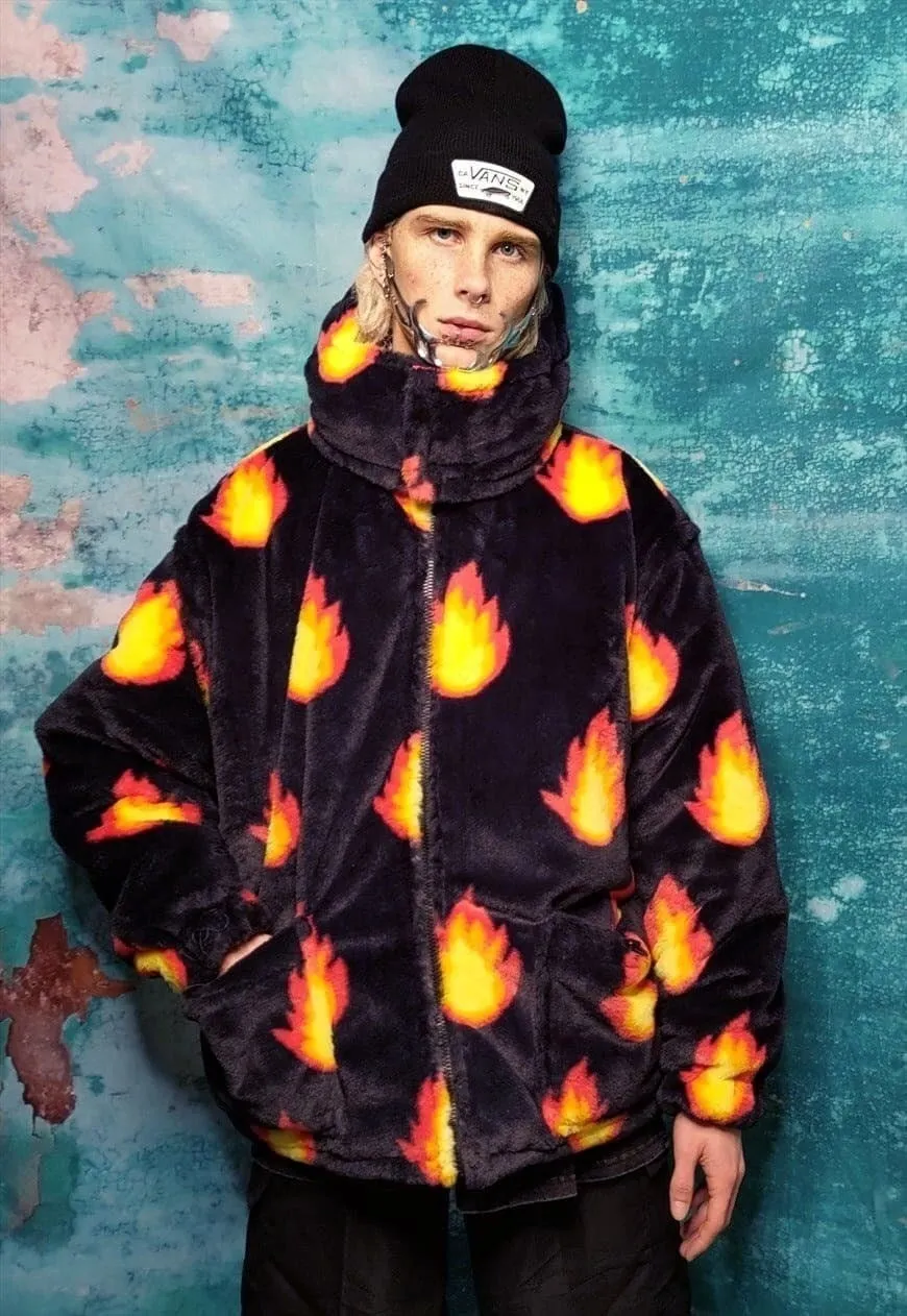 Flame bomber jacket handmade reversible fleece puffer black