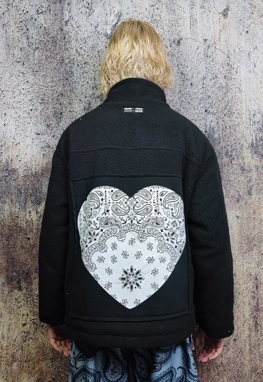 Fleece bomber heart patch puffer paisley jacket in black