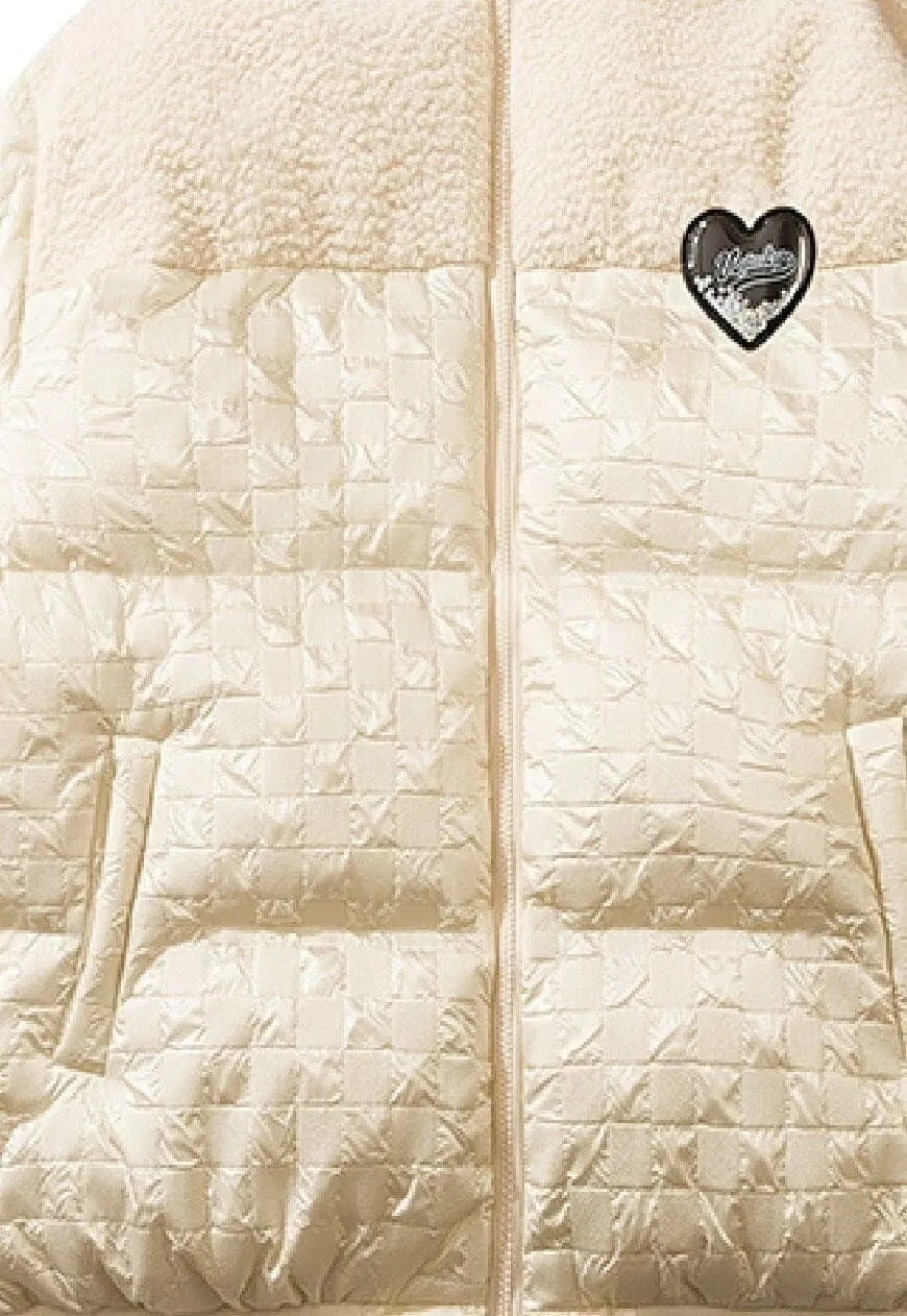 Fleece puffer contrast jacket grunge bomber heart coat cream