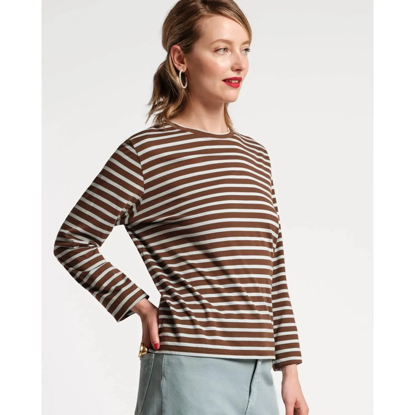 Frances Valentine Striped Top 100% Pima Cotton Chocolate Light Blue