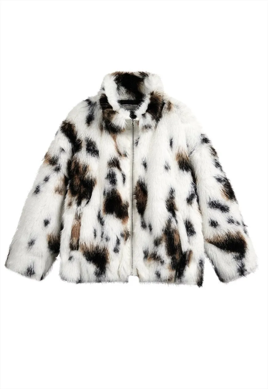 Fuzzy faux fur jacket spot pattern fuzzy coat animal print