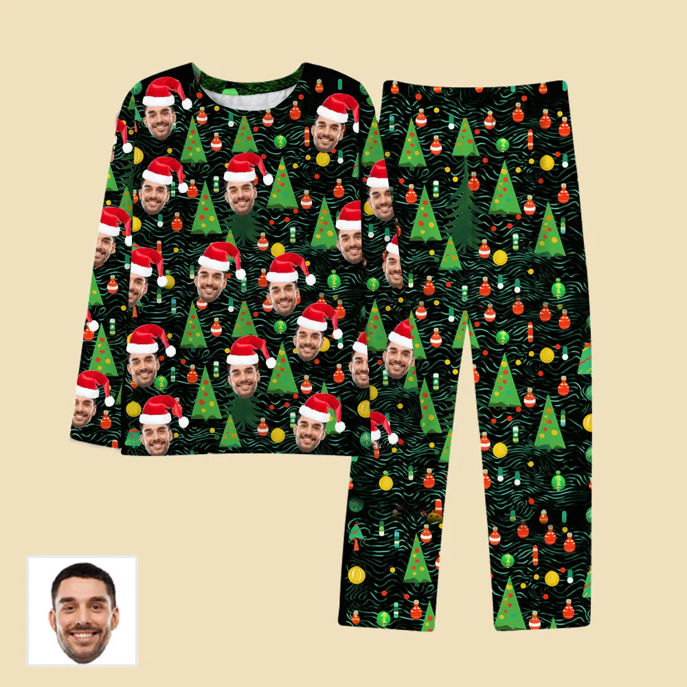 Green Customized Face Pajamas Long Sleeves & Pants Christmas Tree Bells Christmas Atmosphere