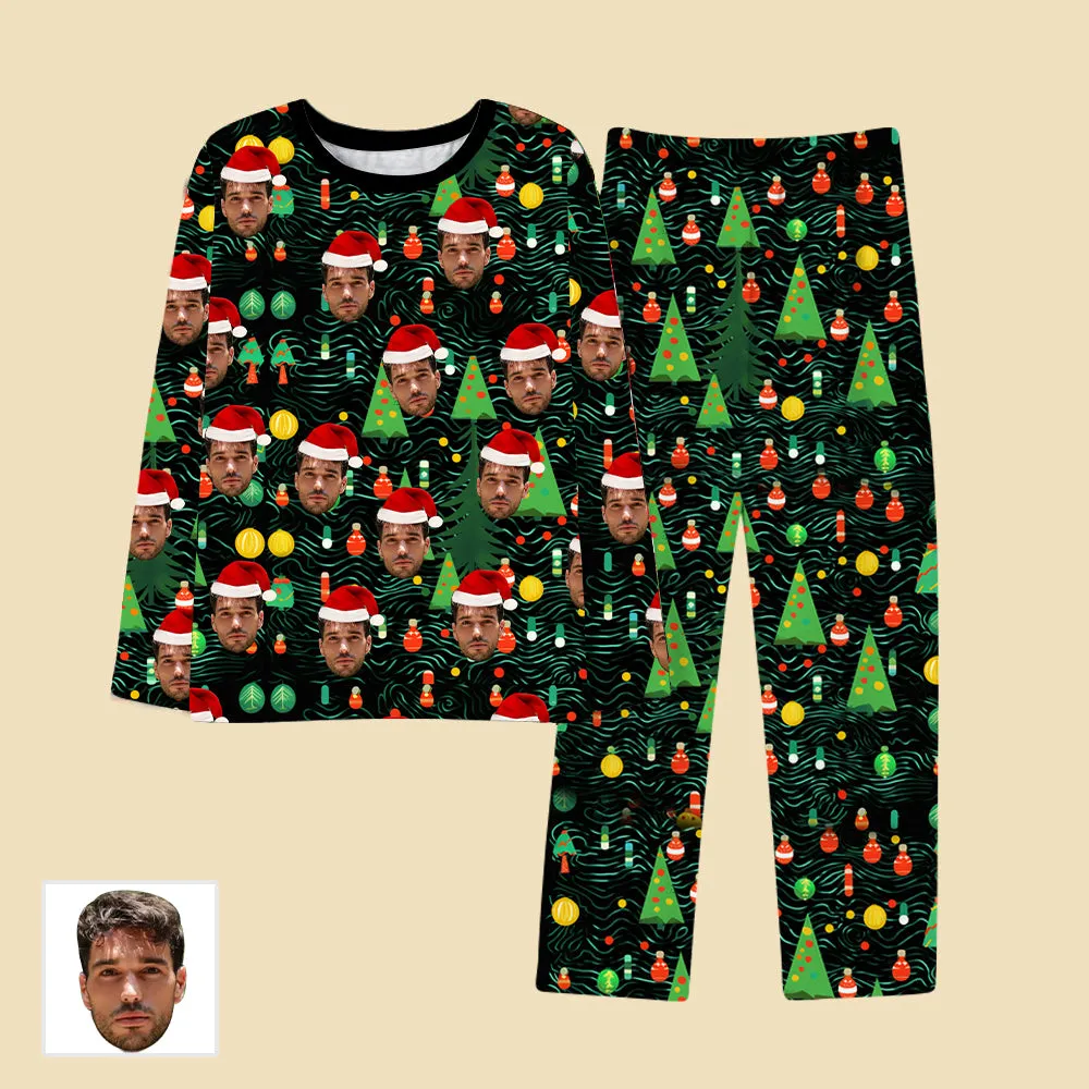 Green Customized Face Pajamas Long Sleeves & Pants Christmas Tree Bells Christmas Atmosphere