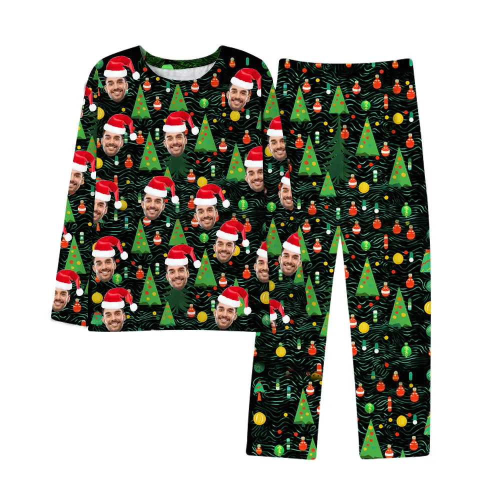 Green Customized Face Pajamas Long Sleeves & Pants Christmas Tree Bells Christmas Atmosphere