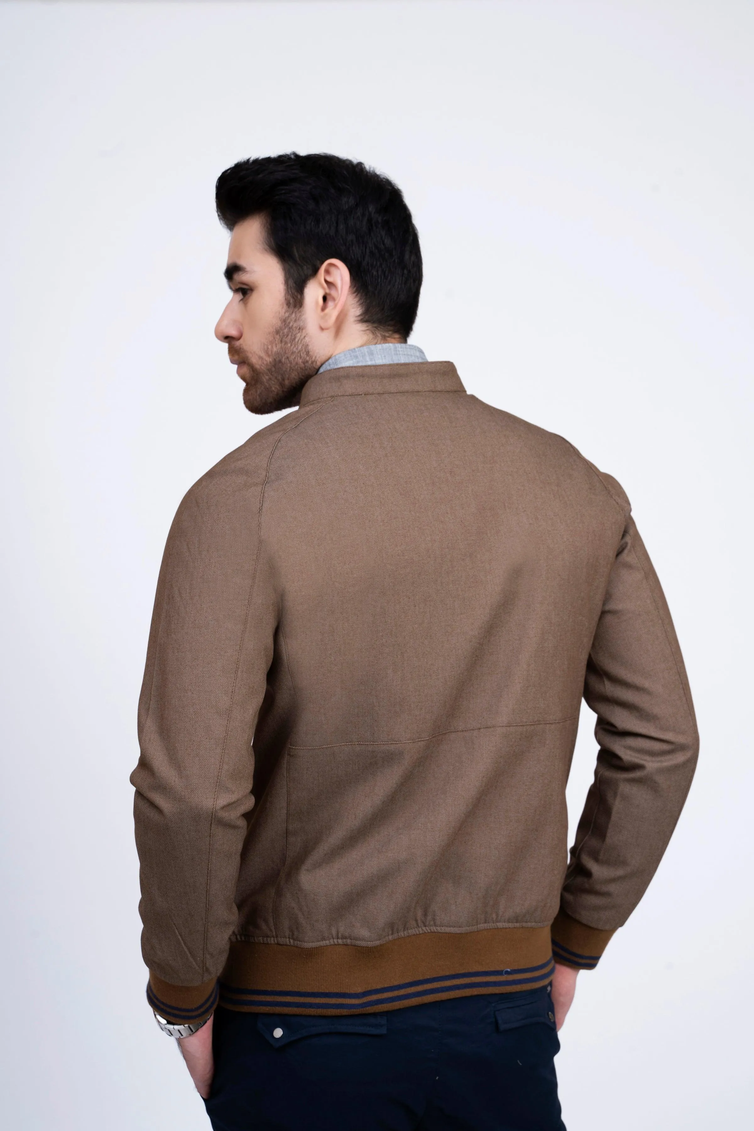 JACKET TIPPING BAN COLLAR DARK BROWN