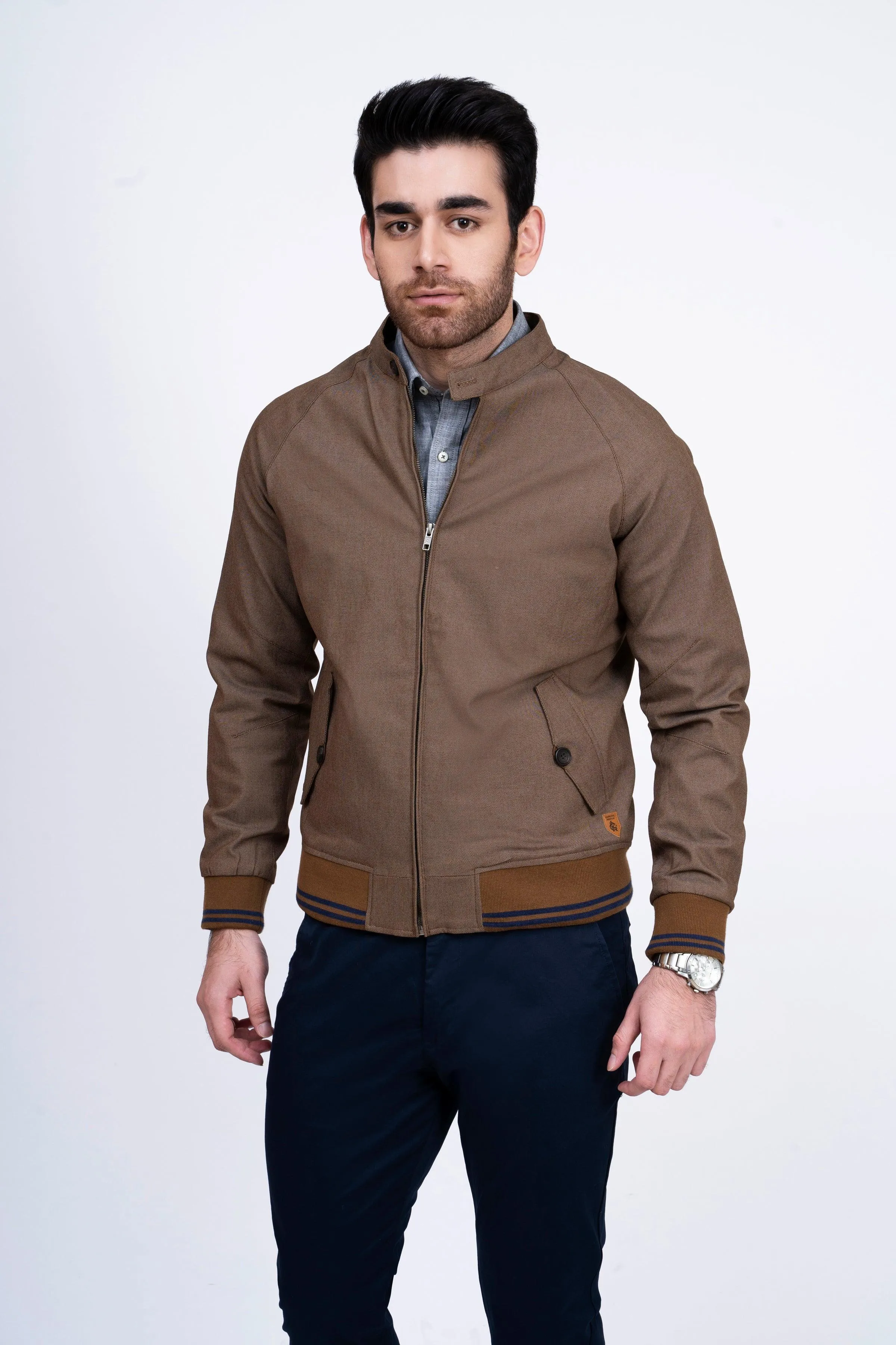 JACKET TIPPING BAN COLLAR DARK BROWN