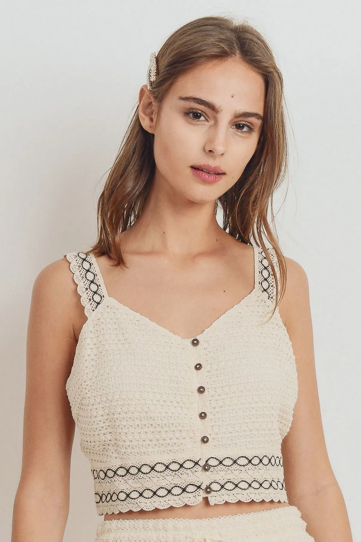 Knit Laced Buttoned Shoulder Strap Top