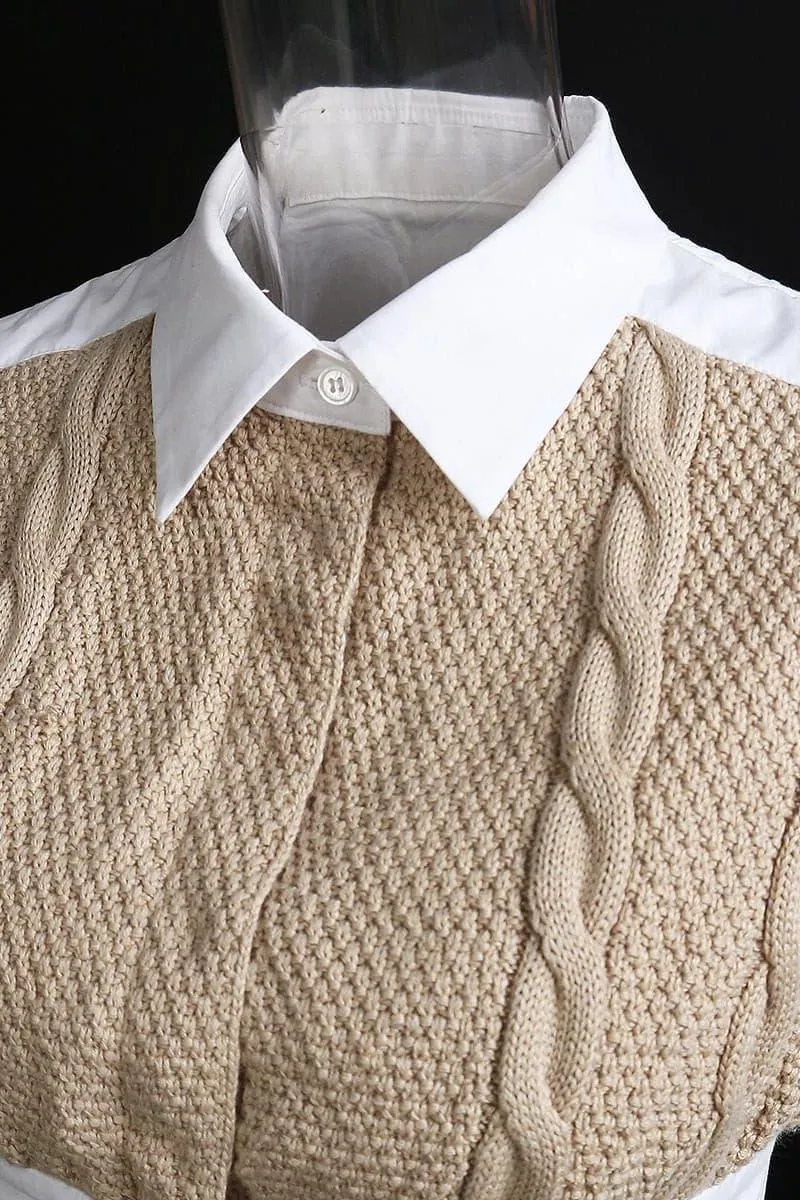 knitted twist wool stitching cotton puff sleeve shirt