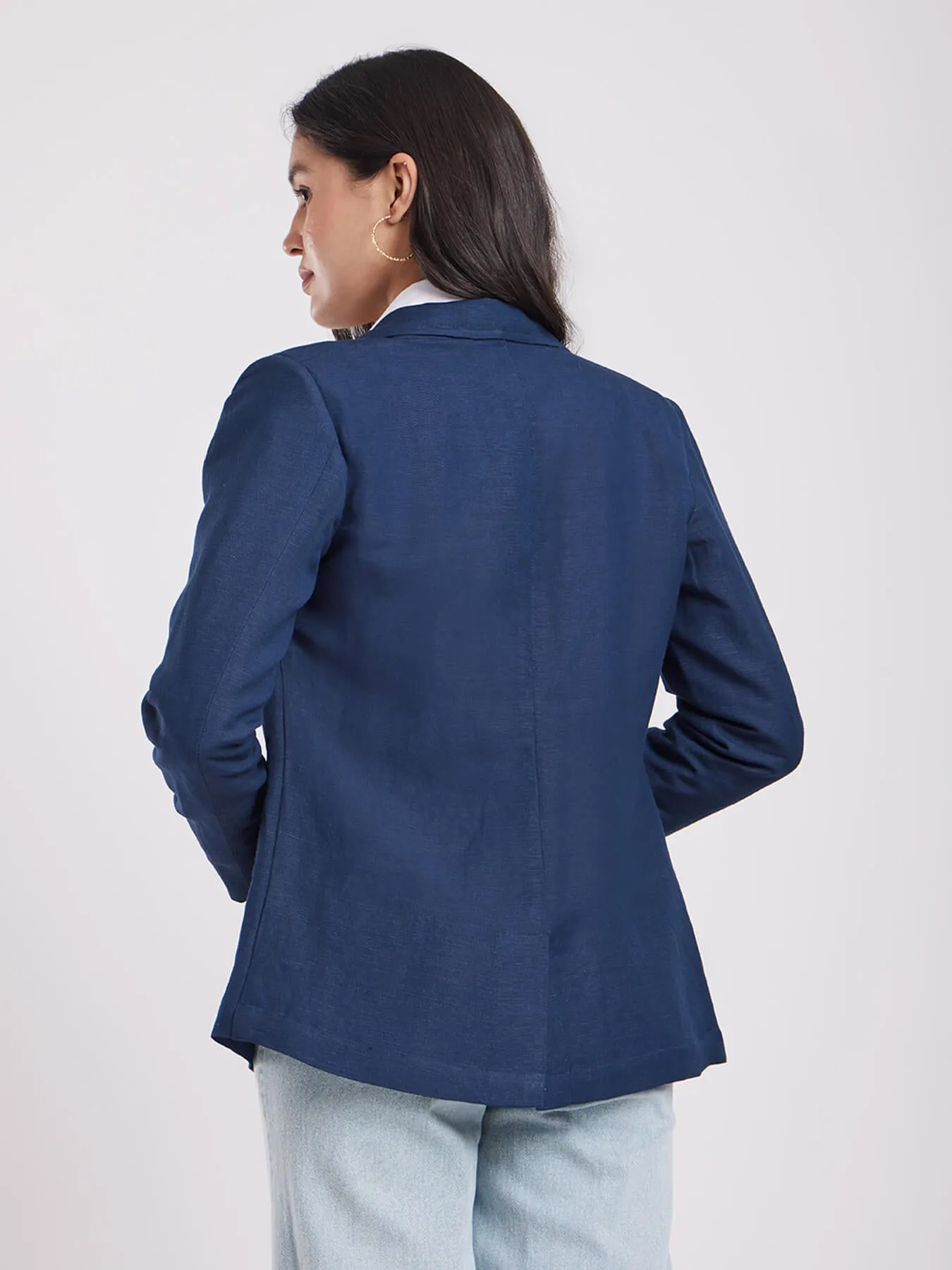 Linen Single Breasted Blazer - Navy