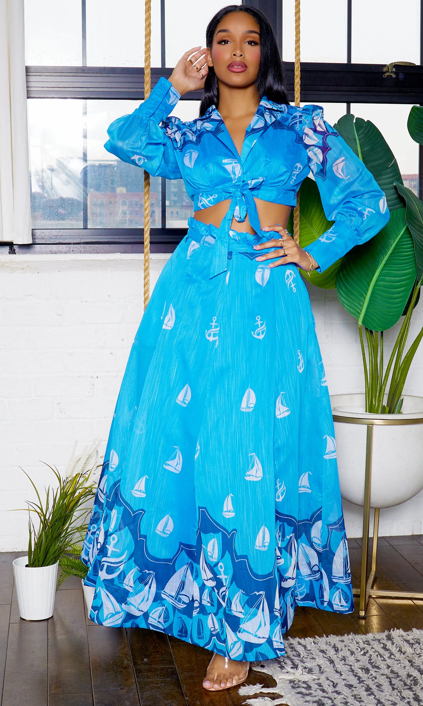 Madeline | Tie Front Maxi Dress - Blue FINAL SALE