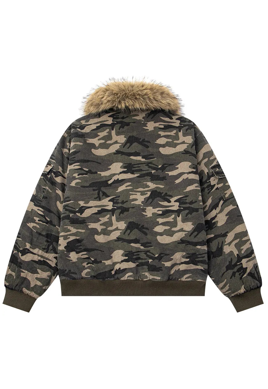 Miltary print aviator jacket faux fur collar camo bomber