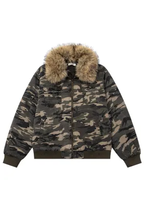 Miltary print aviator jacket faux fur collar camo bomber