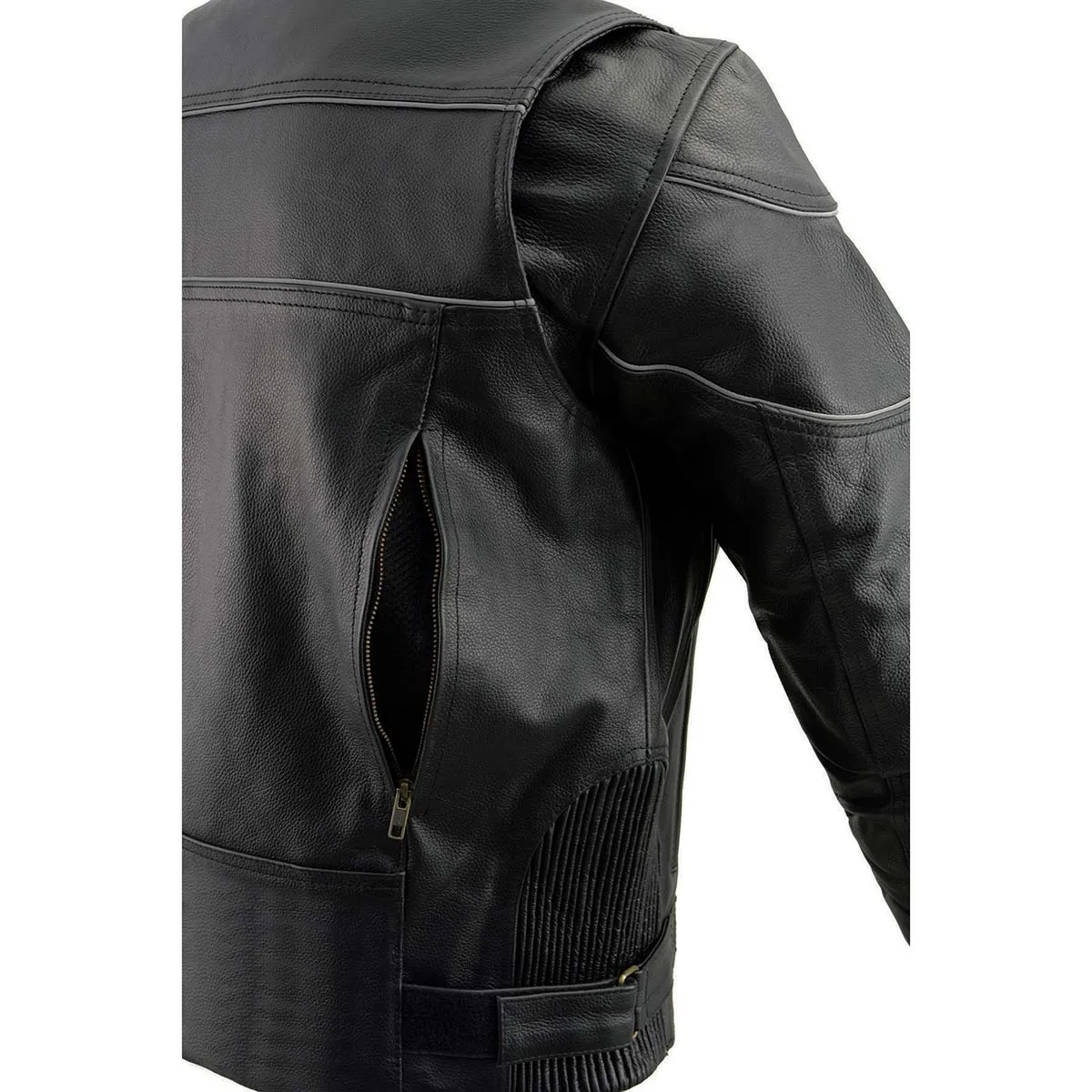 Milwaukee Leather LKM1785 Mens Black Leather Racer Style Motorcycle Jacket w/ Side Stretch and Reflective Piping