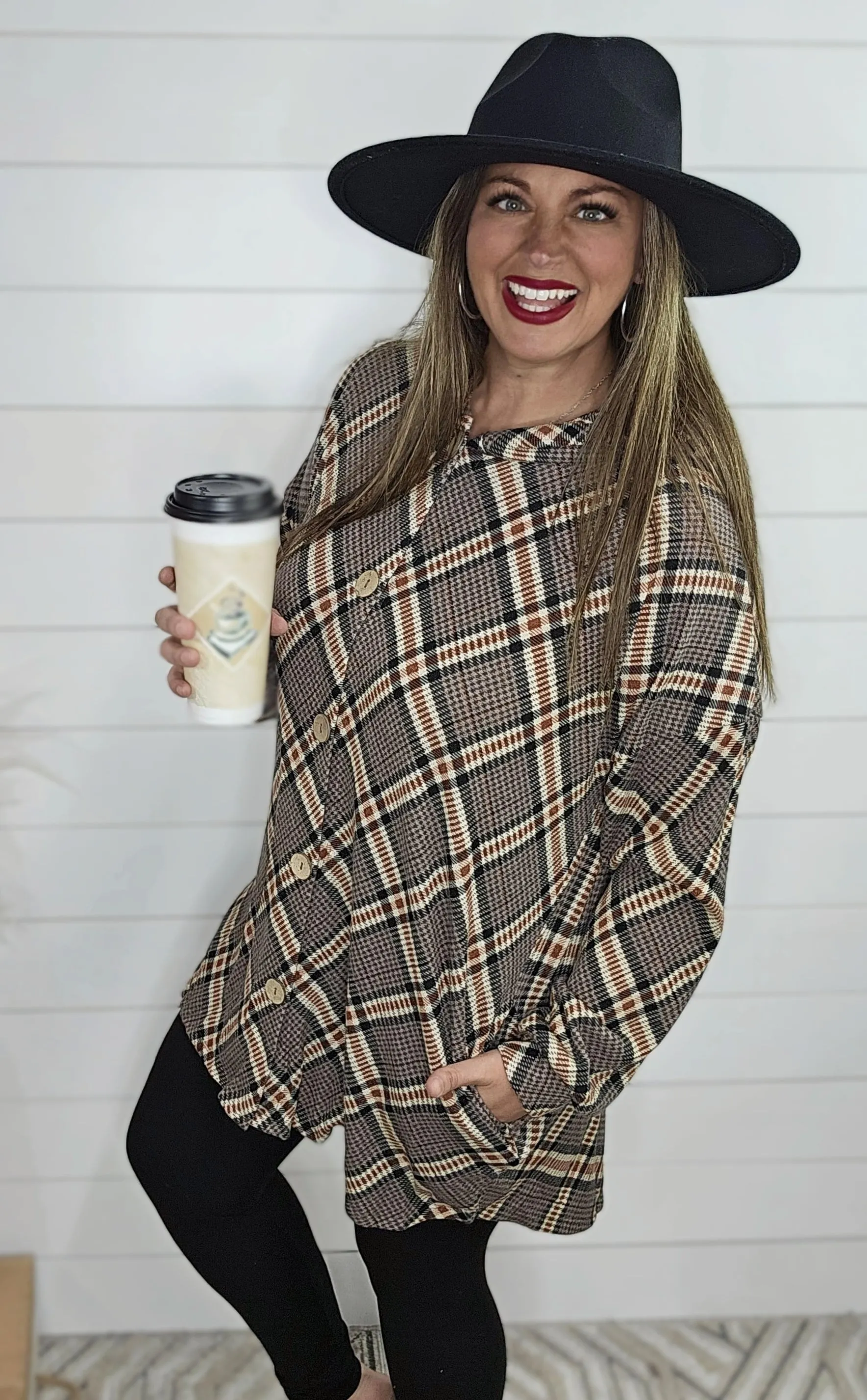 MOCHA/RUST CHECK OVERSIZED HOODED BUTTON DOWN TUNIC