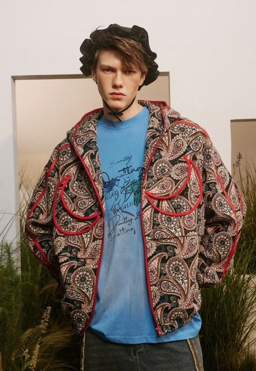 Paisley jacket bandanna print hooded bomber cashew coat red