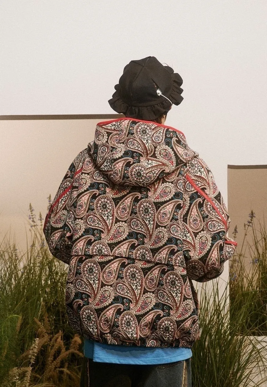 Paisley jacket bandanna print hooded bomber cashew coat red