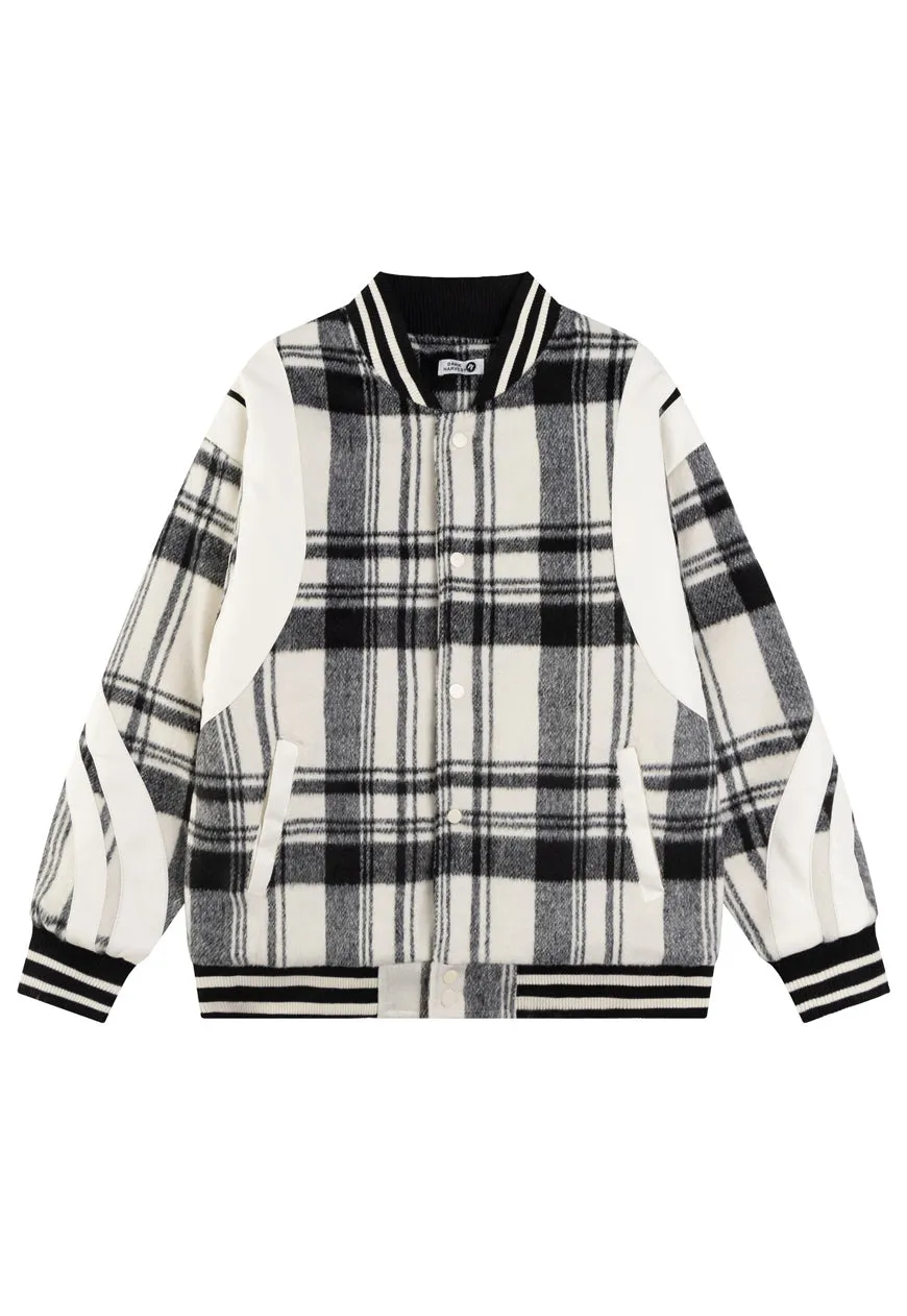 Plaid woolen varsity jacket red check USA college bomber