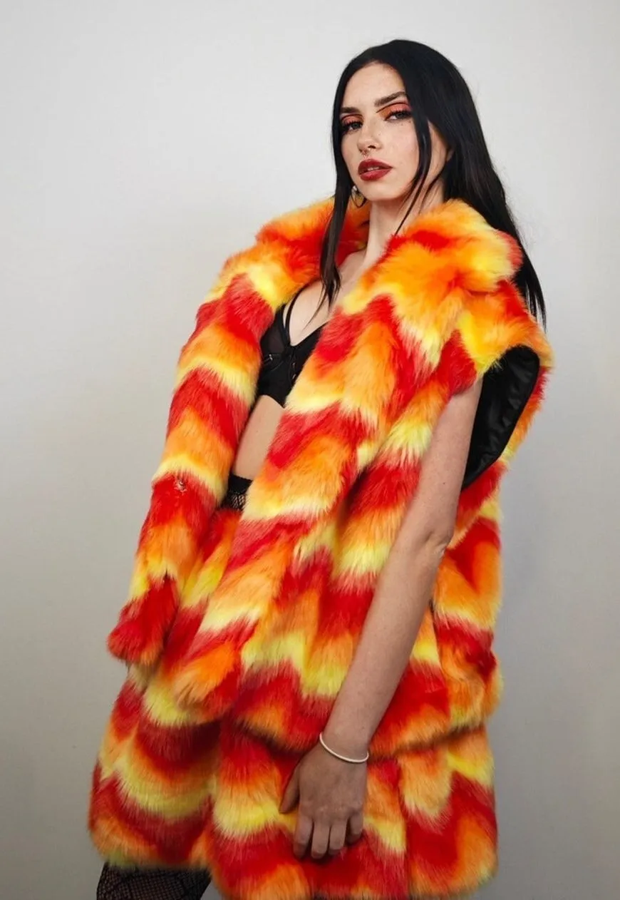 Psychedelic orange coat fauxfur geometric crop hooded bomber