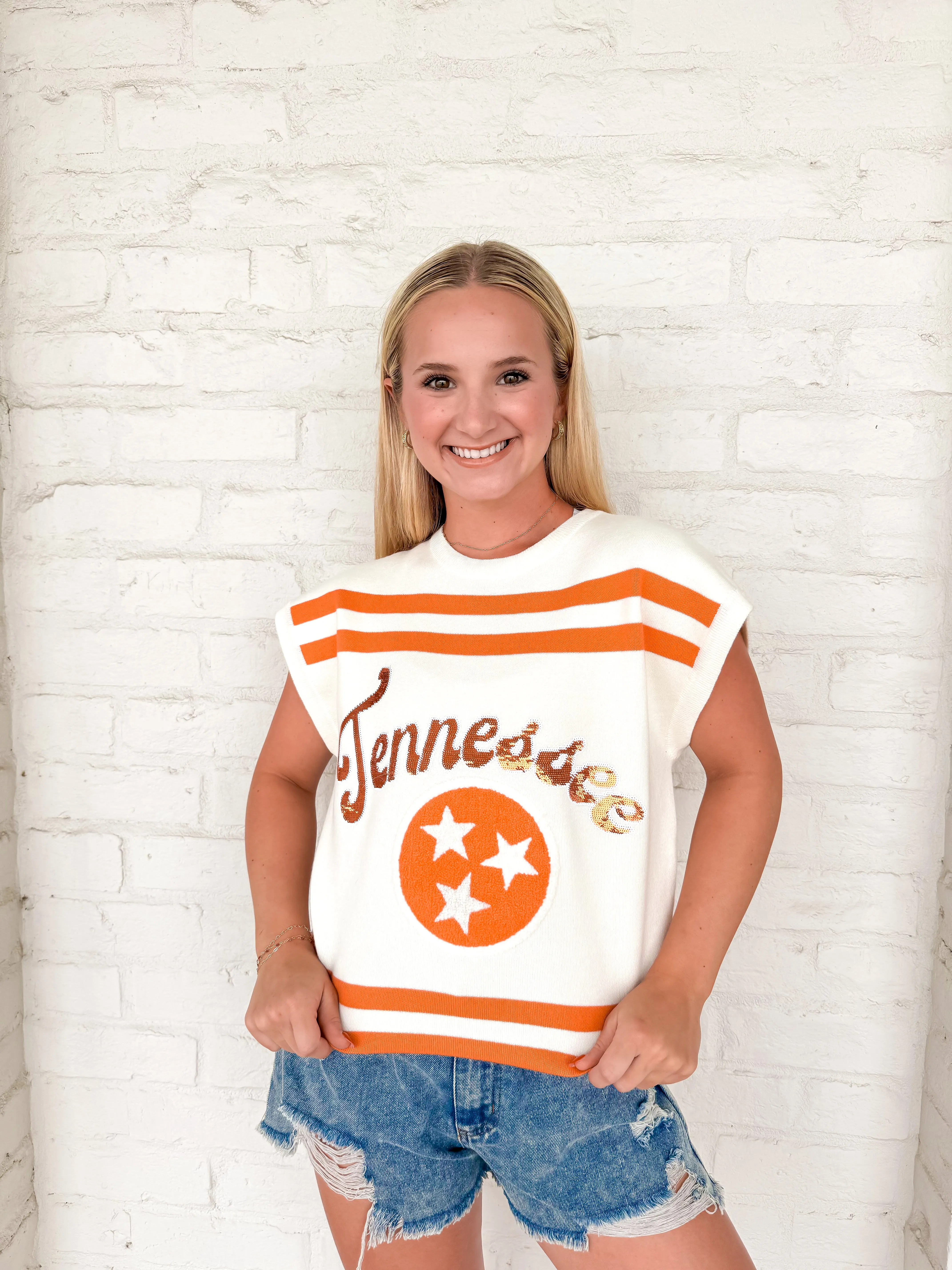 Queen Of Sparkles Orange & White Tennessee Striped Short Sleeve Top