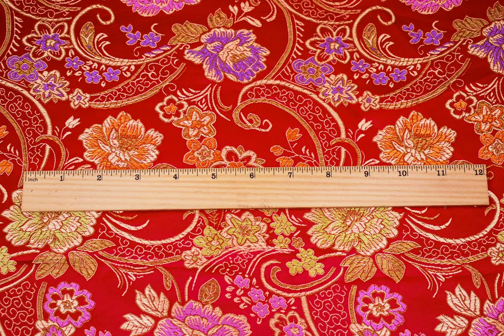 Red-Beige-Multi Polyester Floral Chinese Brocade Woven Fabric