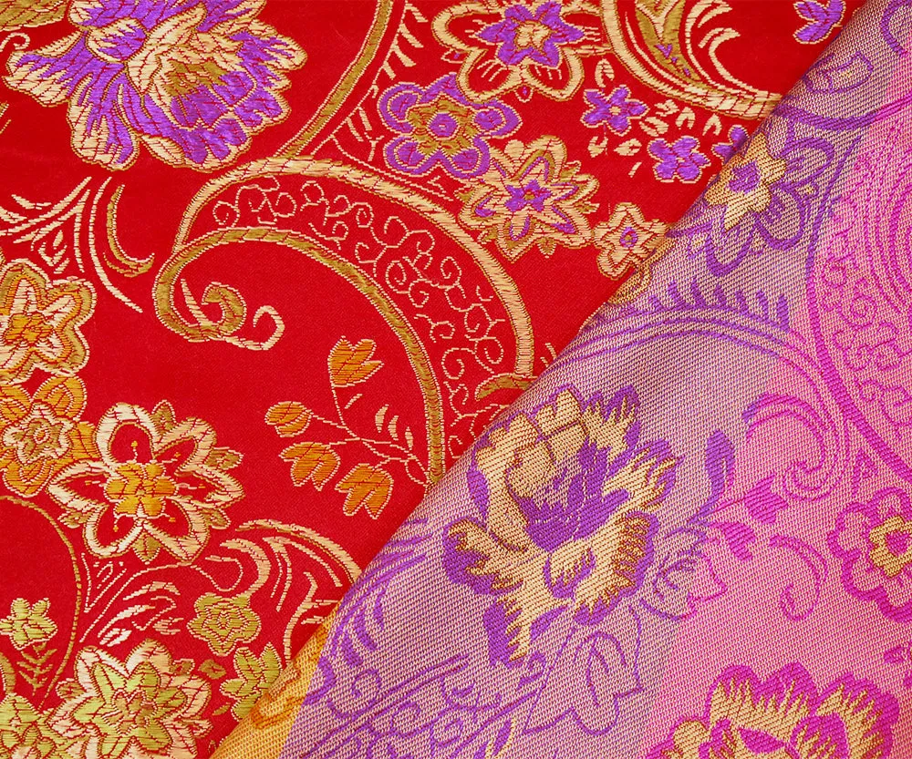 Red-Beige-Multi Polyester Floral Chinese Brocade Woven Fabric