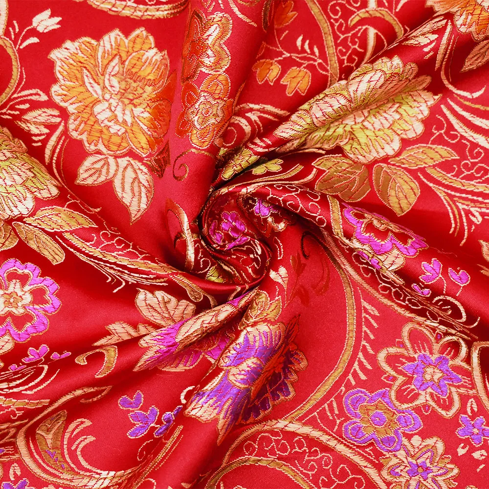 Red-Beige-Multi Polyester Floral Chinese Brocade Woven Fabric