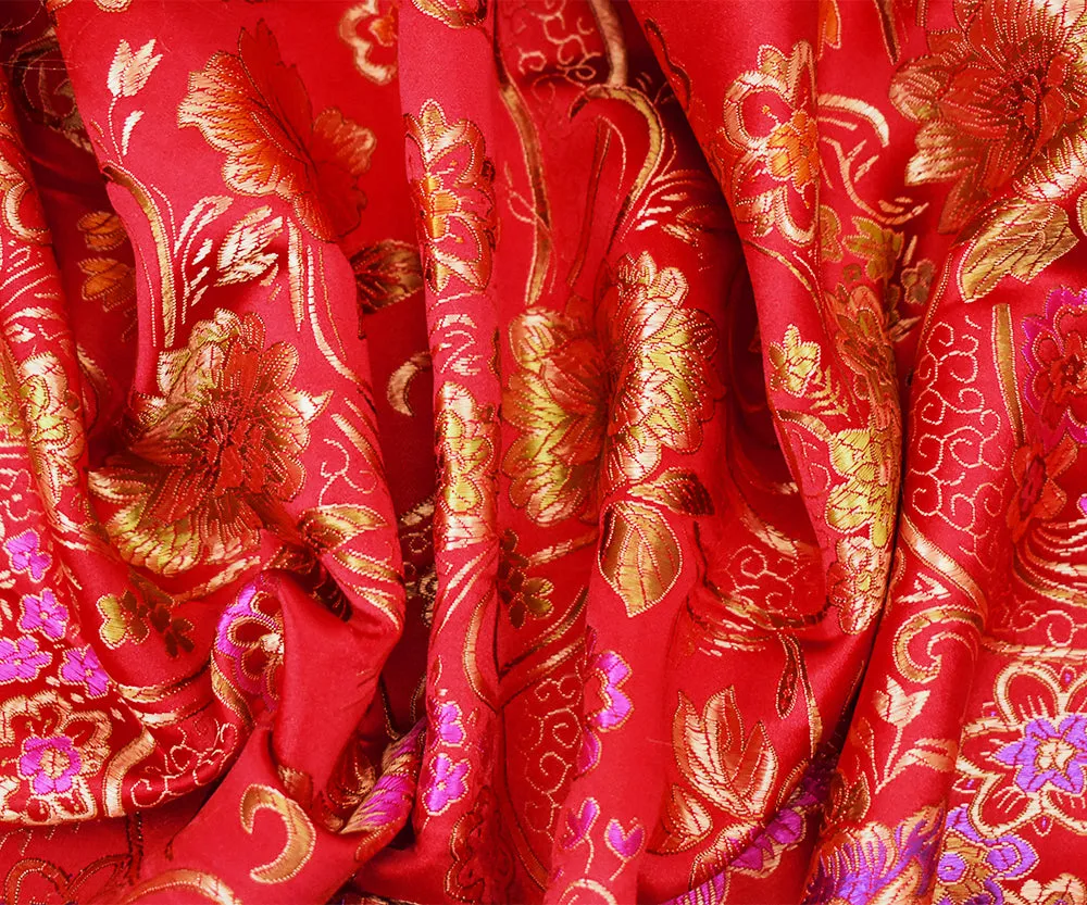 Red-Beige-Multi Polyester Floral Chinese Brocade Woven Fabric