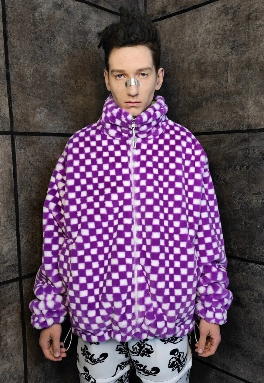 Reversible check fleece jacket handmade Vans chess coat