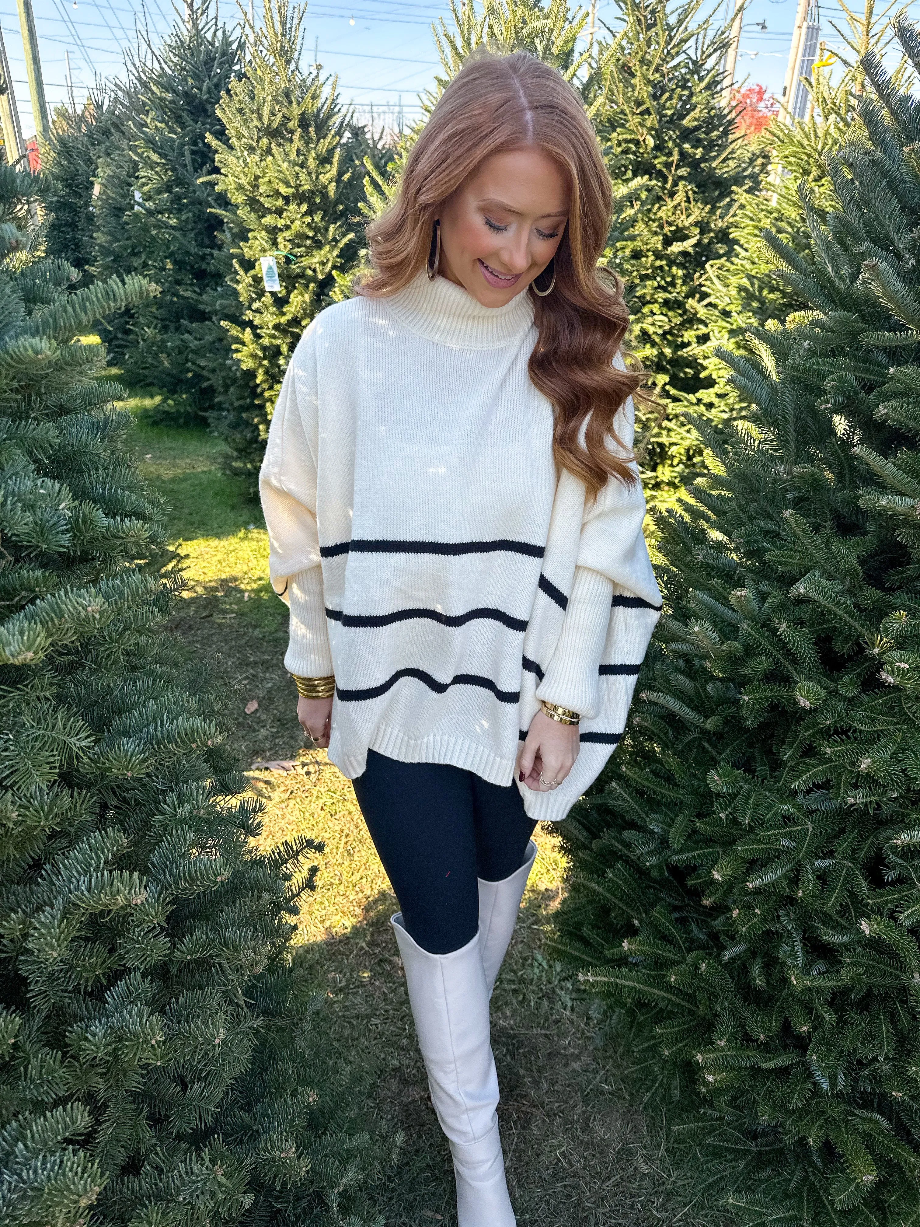 Reyes Striped Turtle Neck Oversized Sweater- Off White