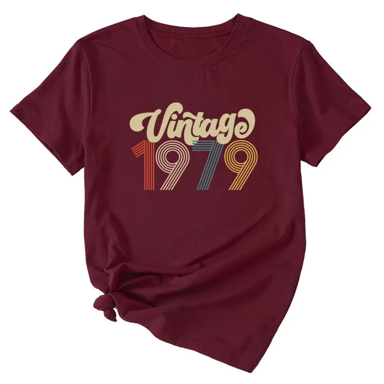 Round Neck 1979 Women's T-shirt Vintage Letter Printing Short Sleeve