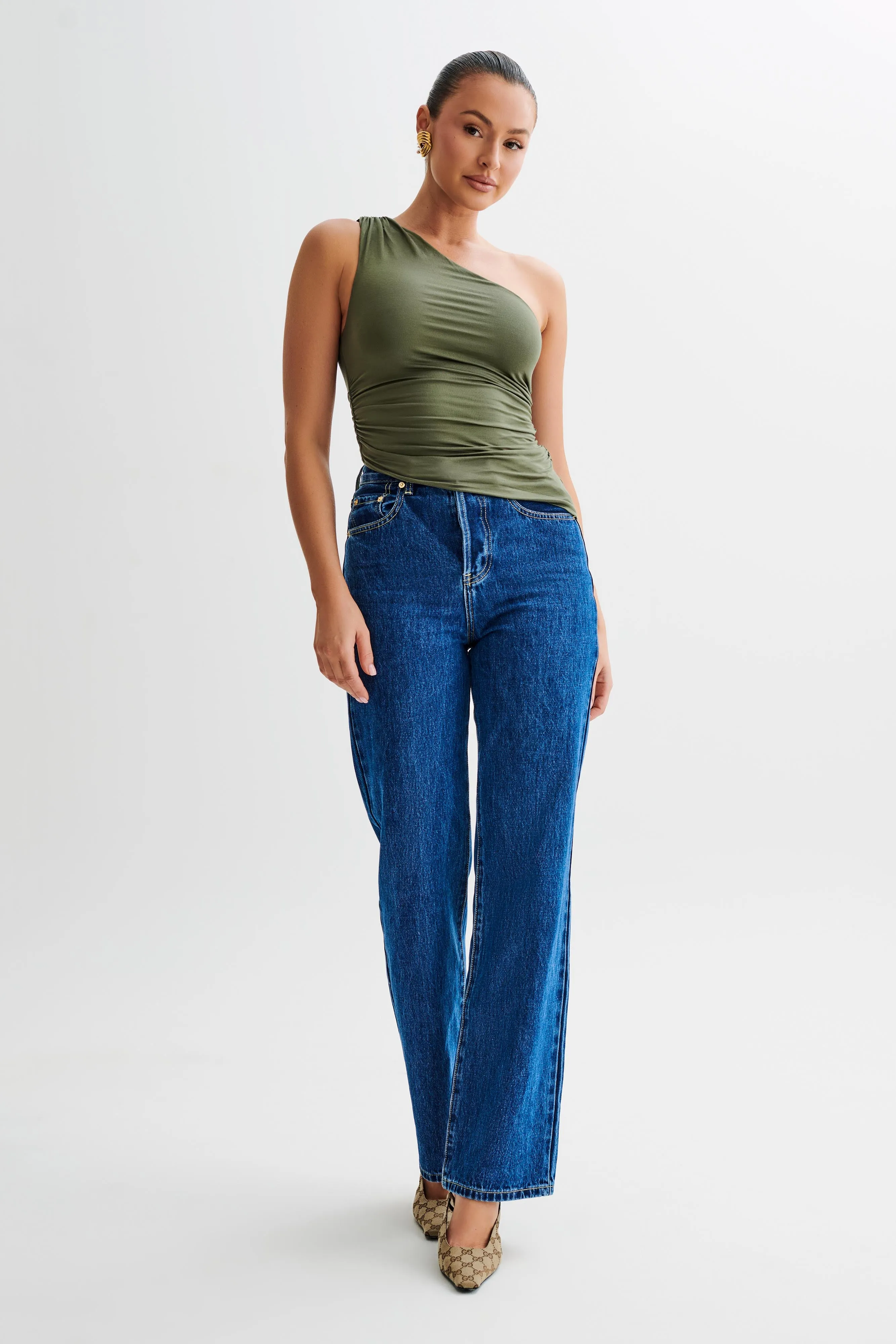 Sarah One Shoulder Modal Asymmetric Top - Military Olive