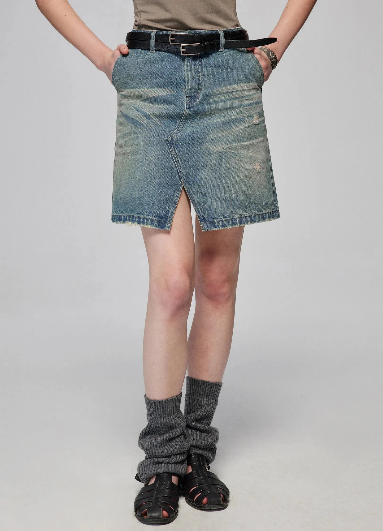 Slit Cut Denim Miniskirt