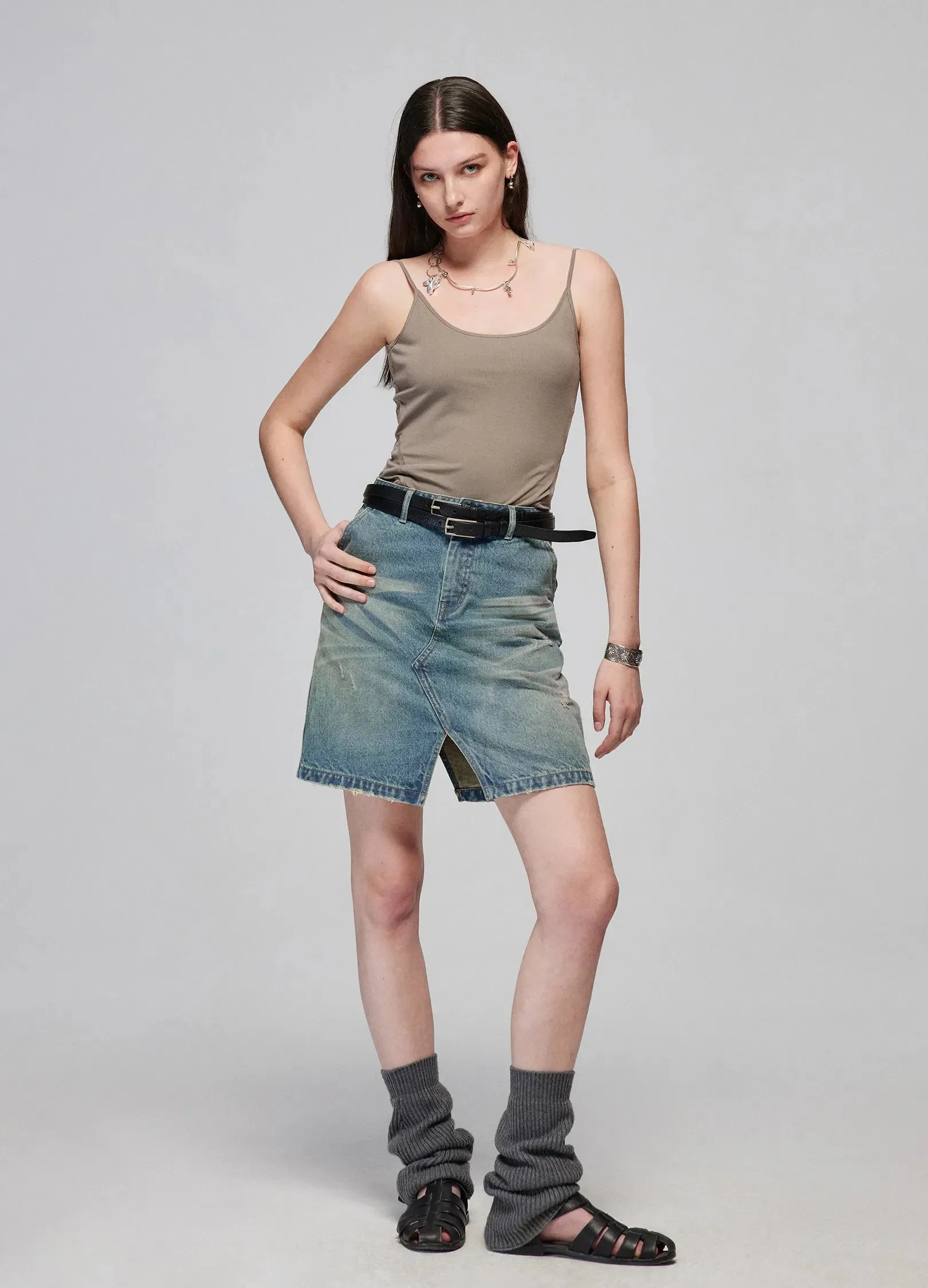 Slit Cut Denim Miniskirt