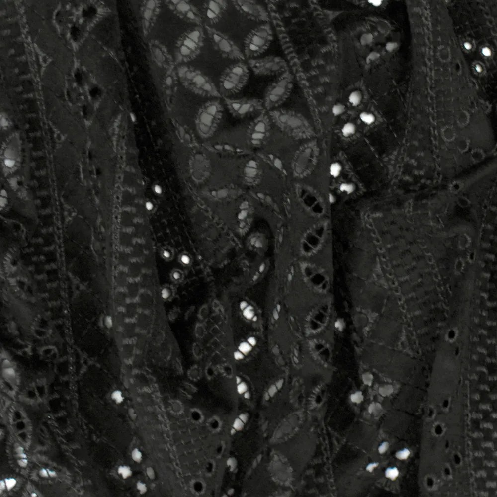 Soft Black Moroccan Embroidered Eyelet Stretch Poly Velvet Knit Fabric